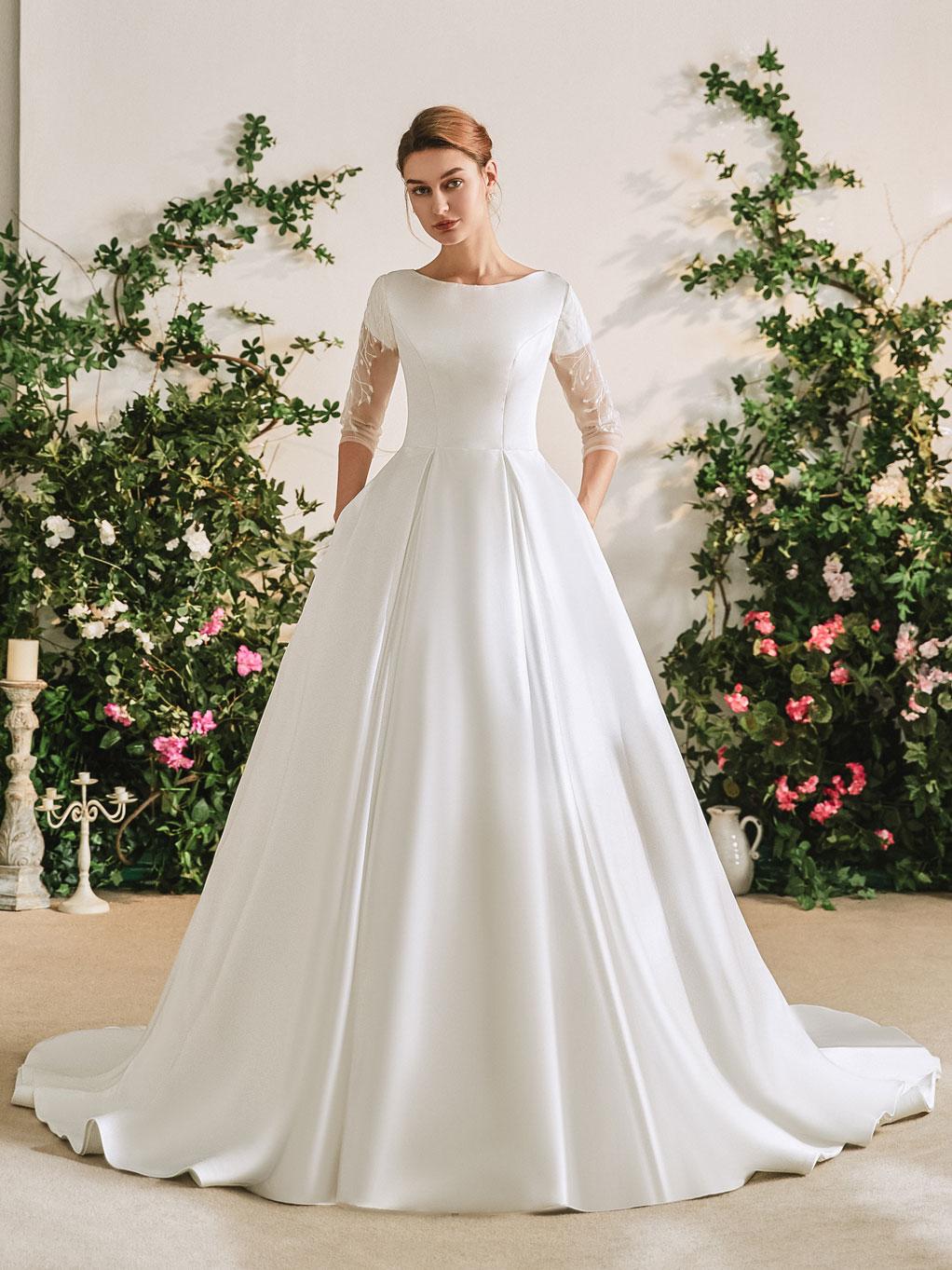 Simple Satin Modest Wedding Dresses With 3/4 Sleeves And Pockets, image size:1022x1363